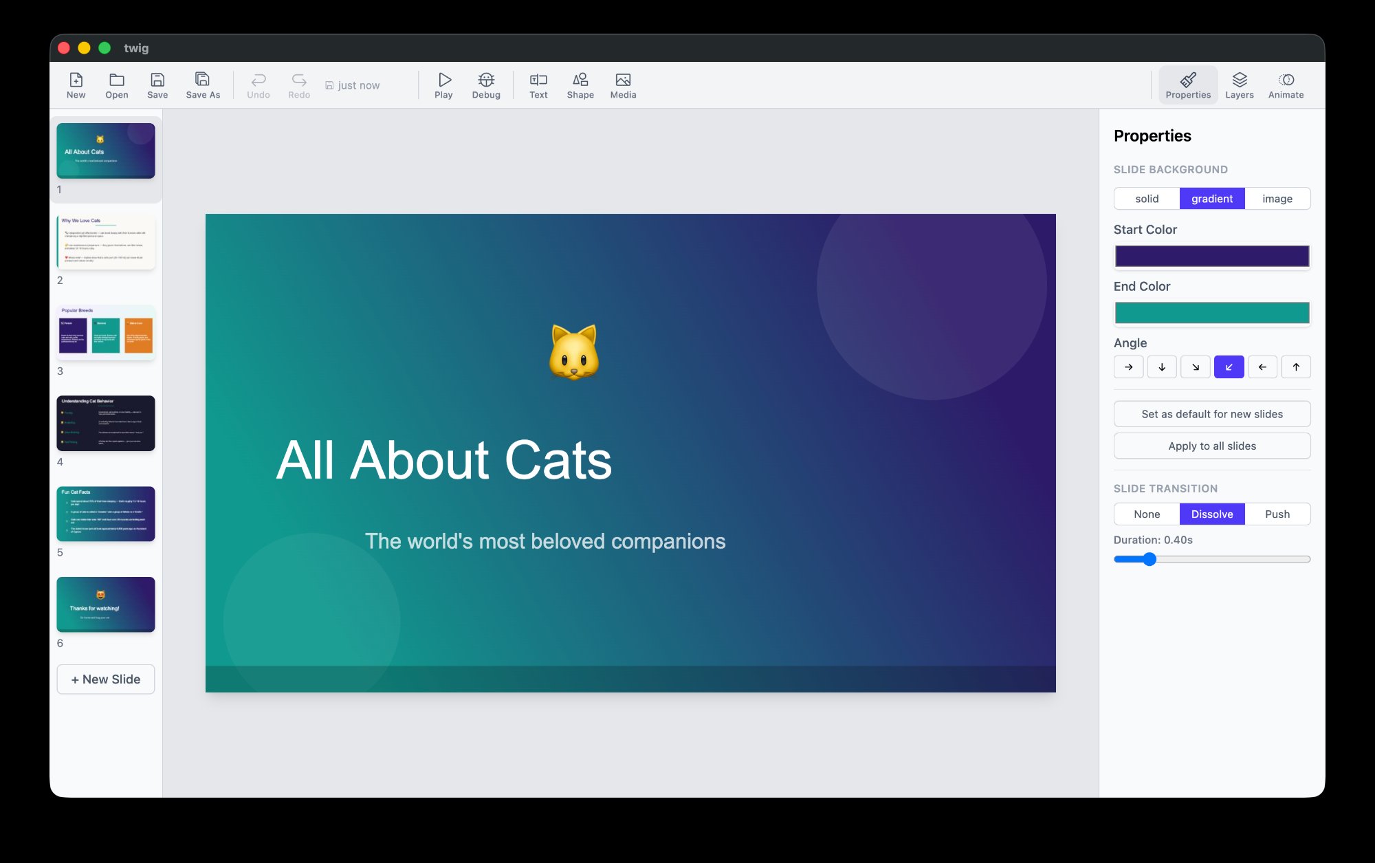twig — editing a presentation with gradient backgrounds and slide transitions